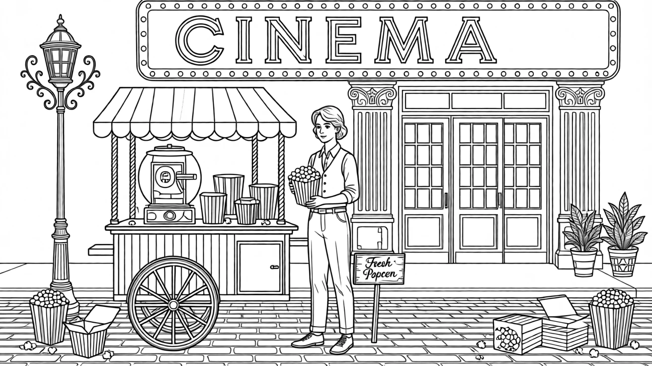 A cozy popcorn cart scene at a vintage cinema entrance.