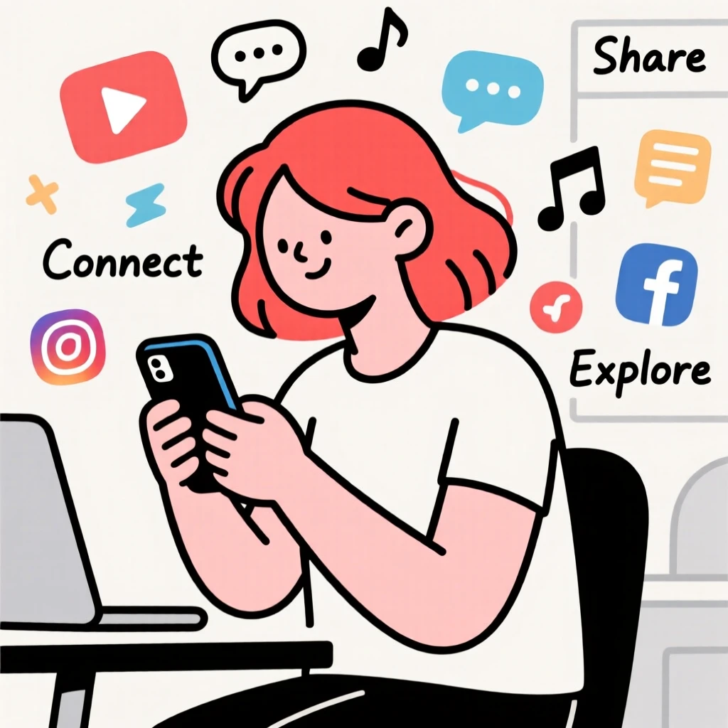 Cartoon illustration of a person with red hair using a smartphone, surrounded by digital media icons and minimalistic decor. Make sure the image is in sharp quality.