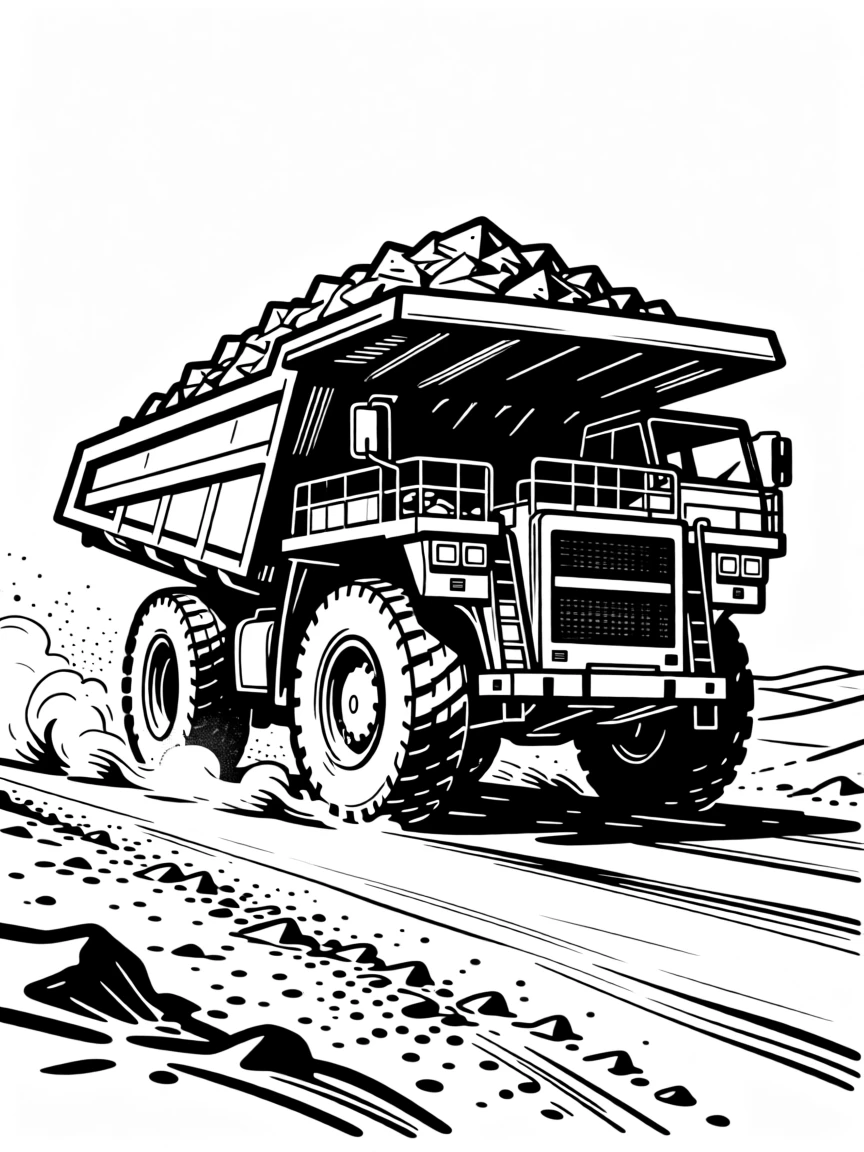 A rugged mining truck hauling ore across a dusty desert road.