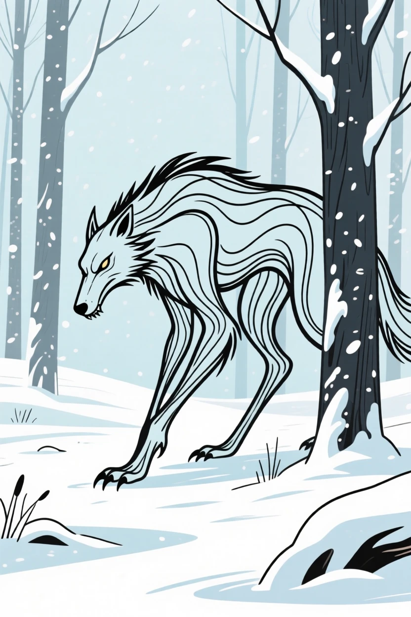 A wendigo lurking at the edge of a snowy northern forest.