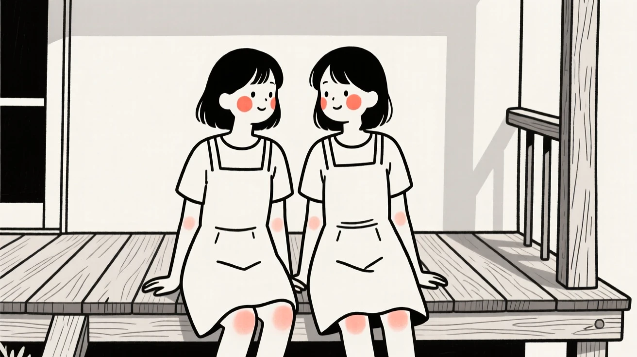 College roommates in a casual sundress, on a rustic wooden porch.