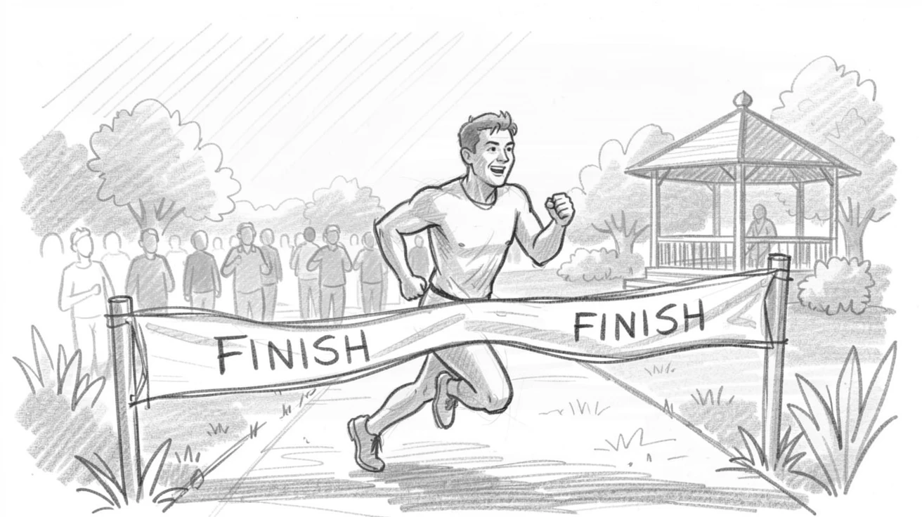 A runner crossing a finish line at sunrise, in a peaceful garden studio, with the crowd blurred in the background.