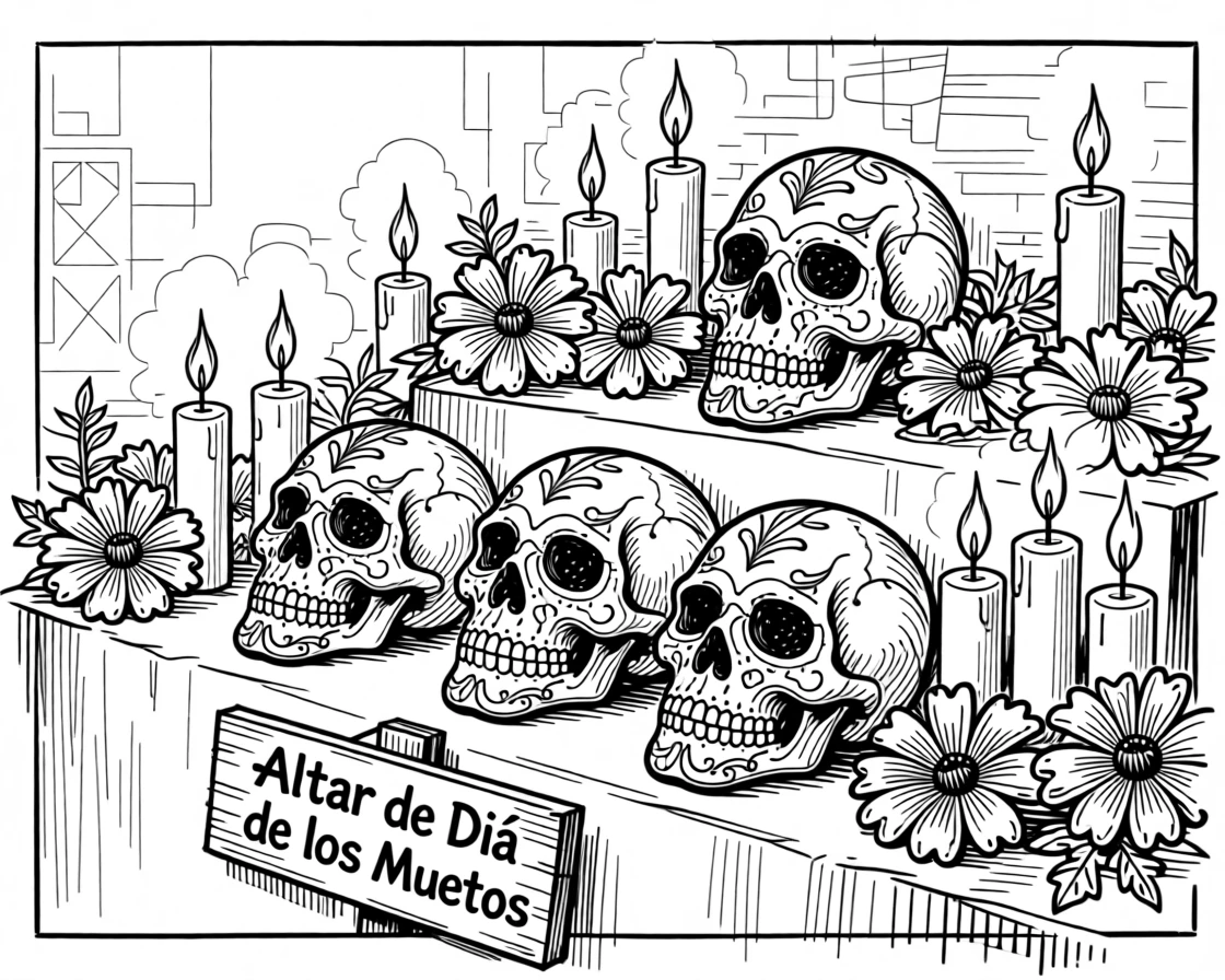 A vibrant Day of the Dead altar decorated with marigolds and candles.
