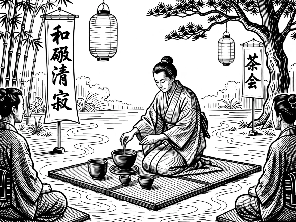 A traditional tea ceremony in a quiet garden as lanterns begin to glow in the evening light, with banners and flags marking the occasion, portrayed in a peacefully ceremonial historical scene.