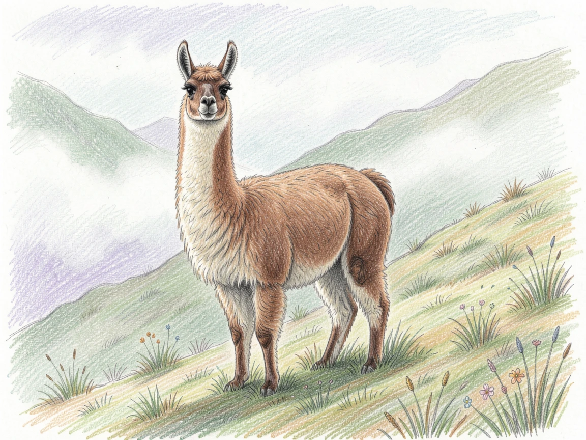 A llama standing proudly on a misty Andean hillside, set against a softly lit, atmospheric backdrop, designed to feel inviting, memorable, and shareable.