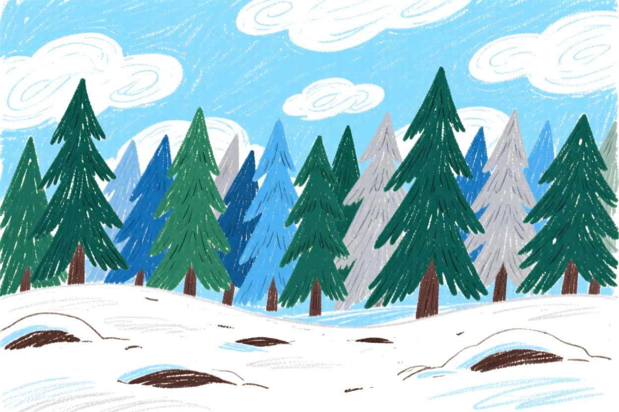 A view of a snow covered pine forest beneath a sky full of drifting clouds.
