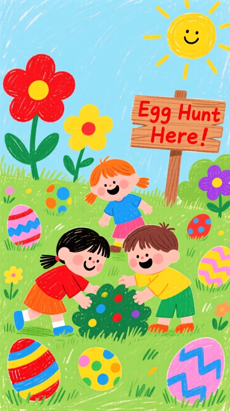 Children searching for painted eggs in a sunny spring garden.