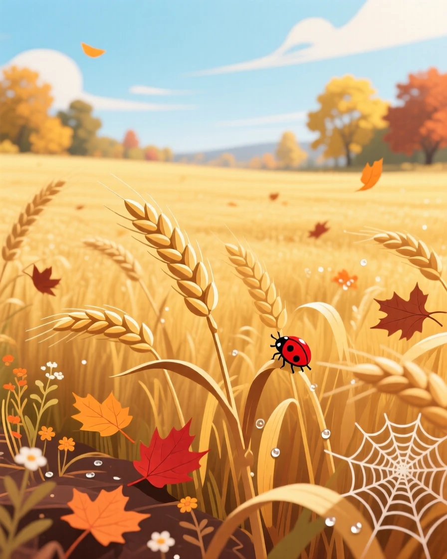 A field of golden autumn wheat swaying gently in the breeze, surrounded by the fresh atmosphere of the changing season, framed to highlight the freshness of the season, with charming small details that evoke the season perfectly.