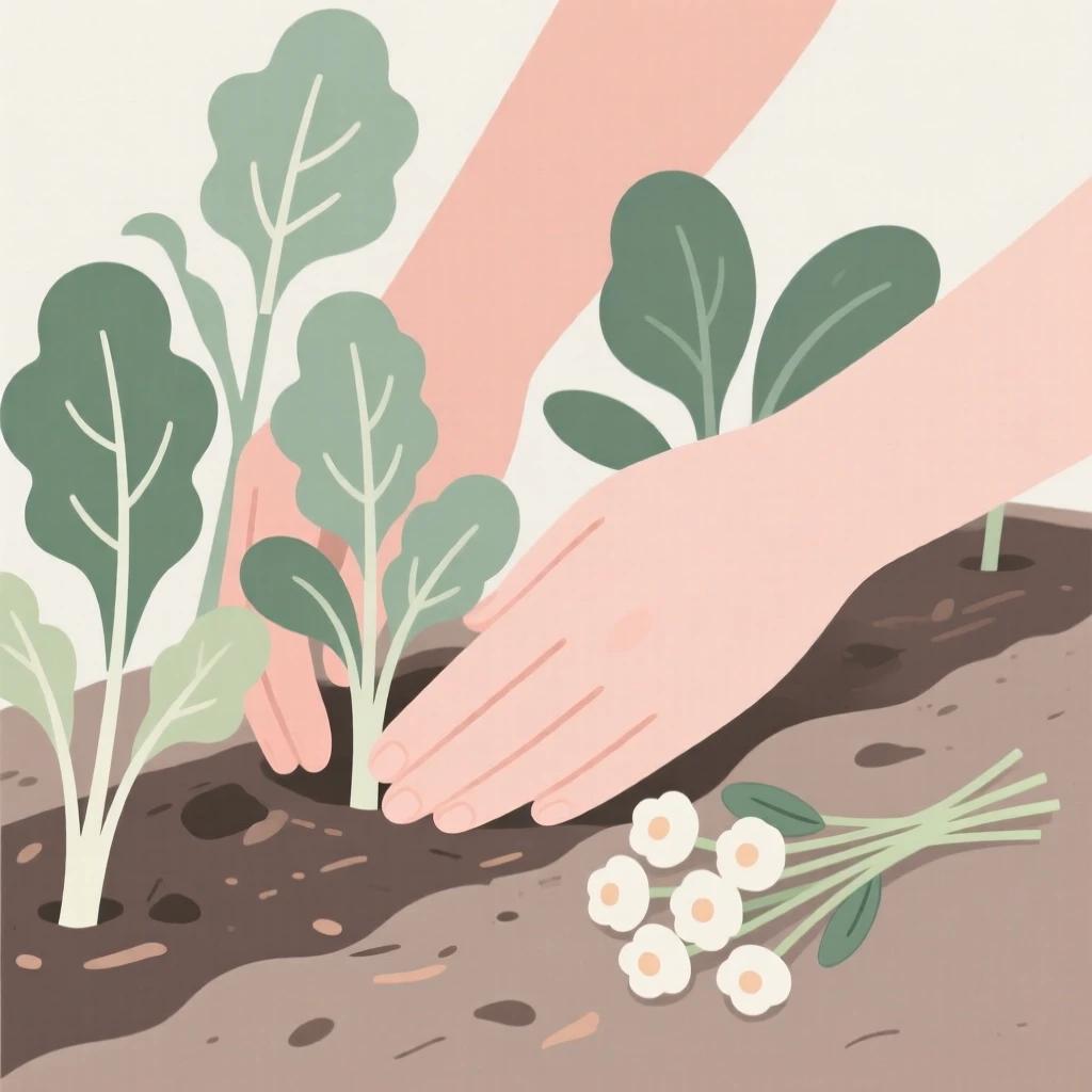 A close view of hands tending a vegetable garden near fresh cut flowers in a quiet backyard, full of peaceful absorption.