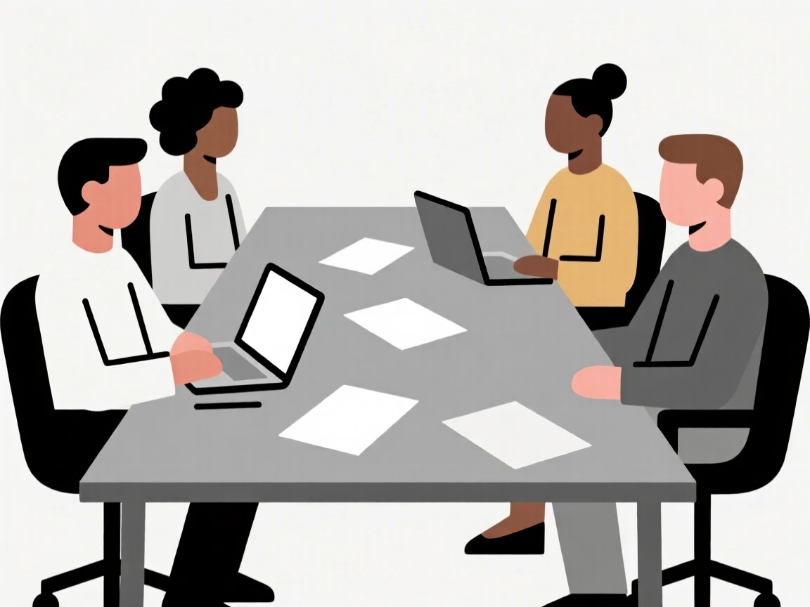 Illustration of a diverse team in a meeting, collaborating around a table with laptops and documents. sharp focus, clean edges, and high resolution.