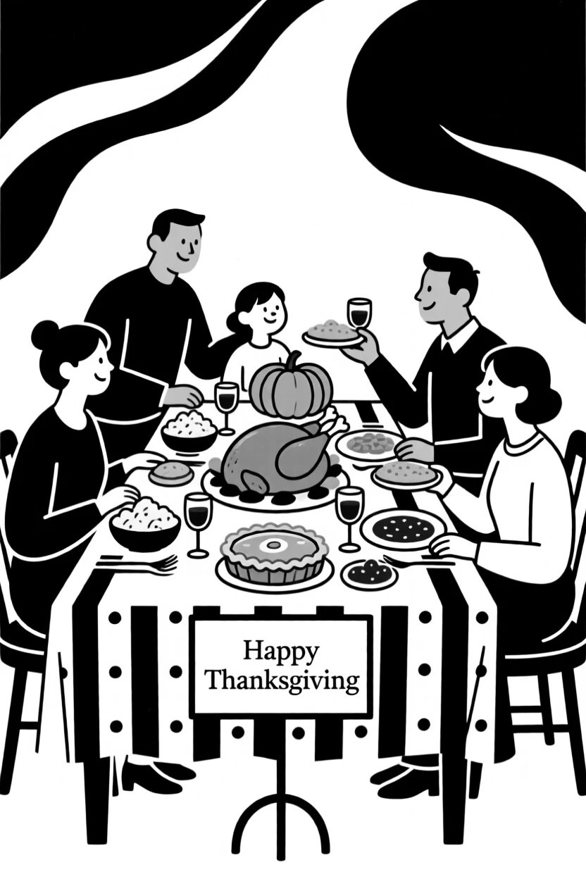 A table set for Thanksgiving dinner with family gathered around.