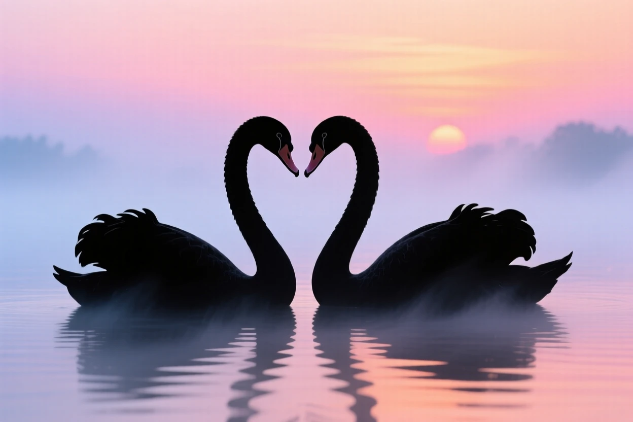 A pair of swans gliding side by side across a mist-covered lake.
