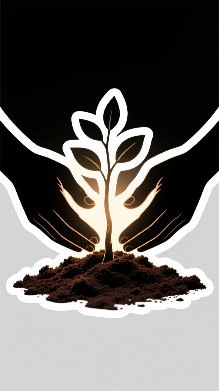 A deeply peaceful scene of a hands planting a young tree in rich soil, glowing softly against a dark background, marking the start of something meaningful.