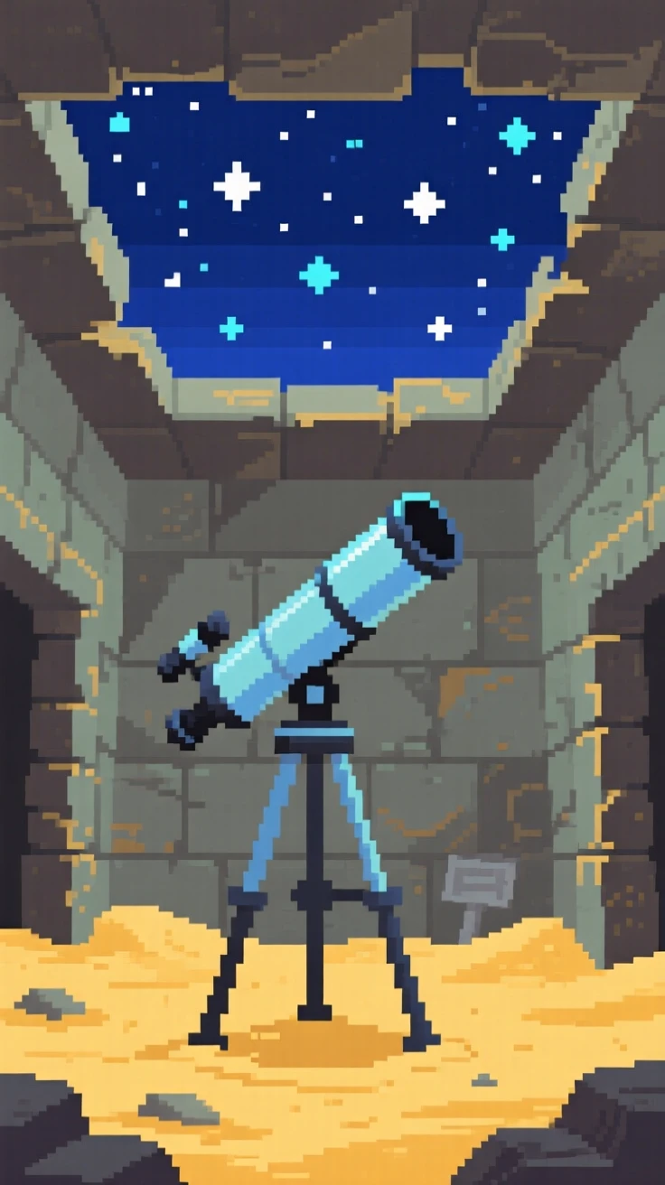 A telescope pointed at a starry sky half-buried in sand on a forgotten beach, inside a forgotten temple chamber.