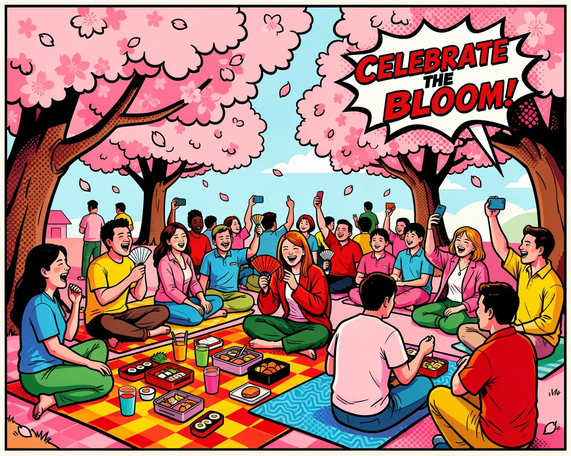 A cherry blossom festival crowd having a picnic under blooming trees