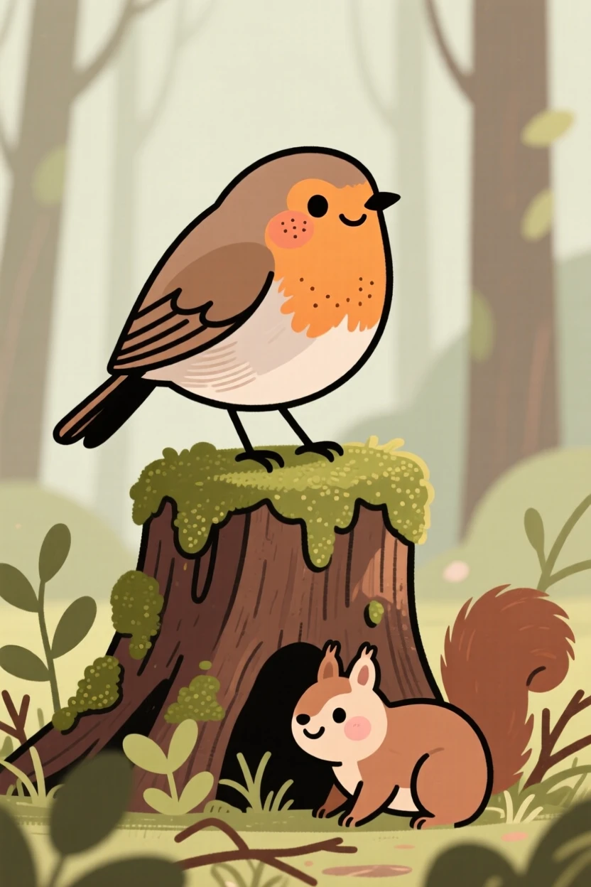 A robin perches on a mossy stump, fluffing its wings while a squirrel moves quietly through the underbrush below.