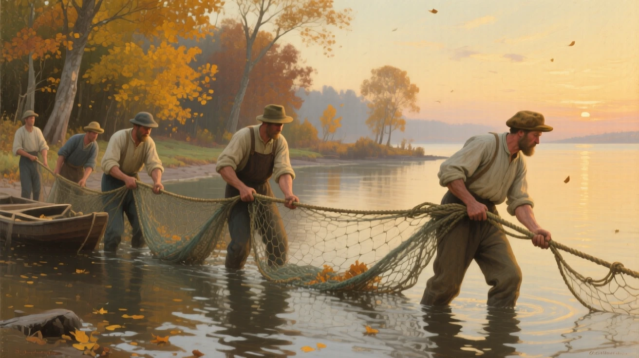 A medium shot of a group of fishermen hauling in a heavy net at dawn, at golden hour, as autumn leaves turn gold.