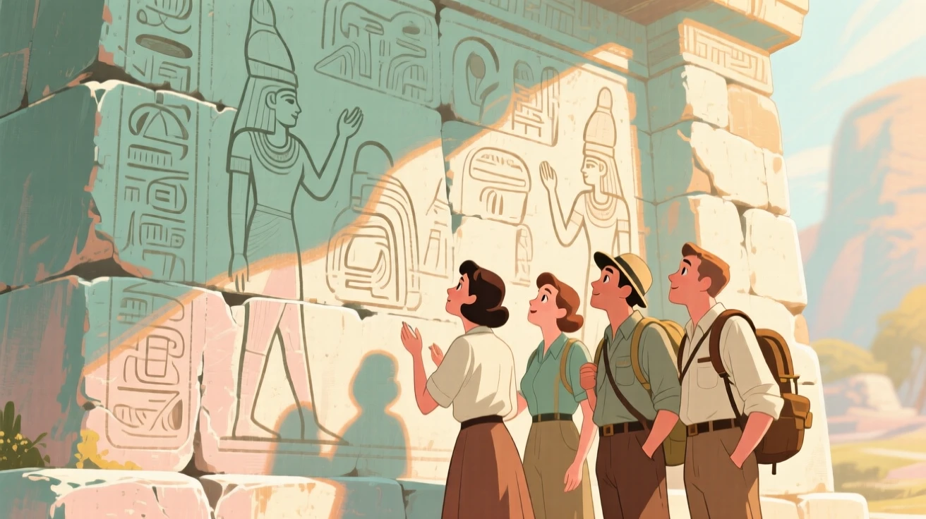An expedition team studying ancient carvings on a stone temple wall