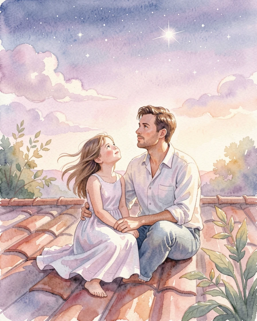 A father and daughter stargazing from a rooftop with a gentle breeze and soft afternoon light.