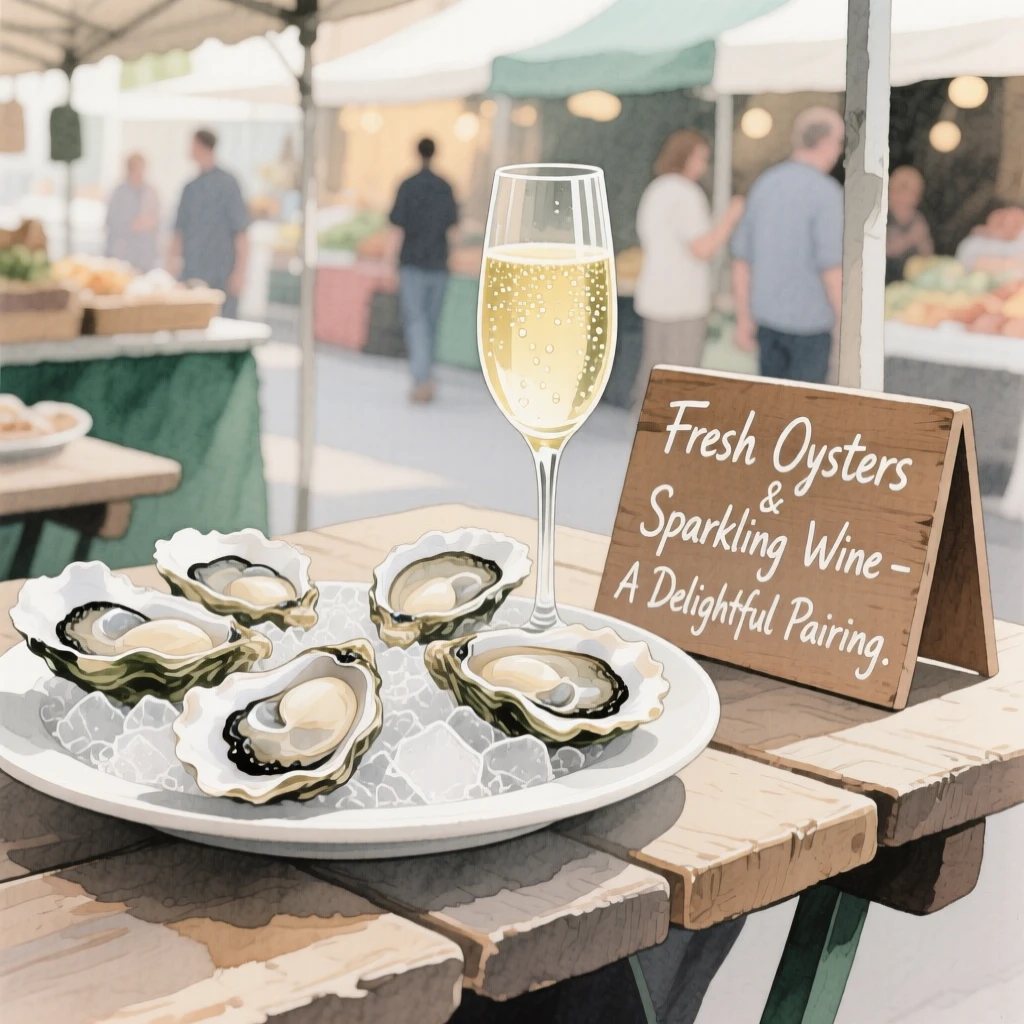 A plate of fresh oysters sits beside a glass of sparkling wine at a bustling market stall, arranged beautifully for a delightful meal