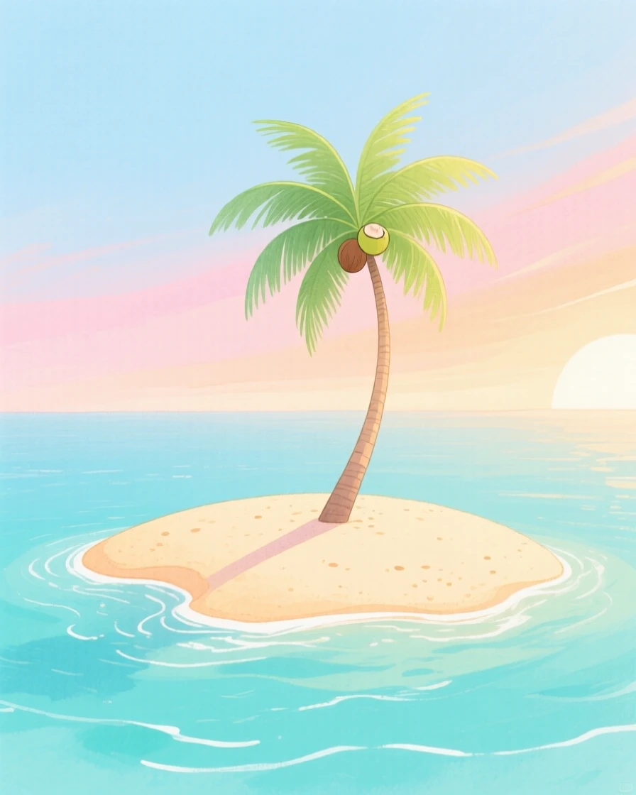 A tropical island with a single palm tree, peaceful and vast, at first light in spring.