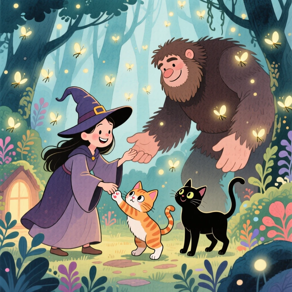 A witch with a friendly black cat battling gently with a friendly giant for a lost kitten, in an enchanted forest glowing with fireflies, brimming with enchantment and discovery.