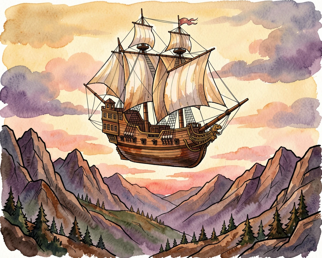A sky pirate airship drifting above a mountain range at sunset, an air of wonder and quiet mystery throughout.