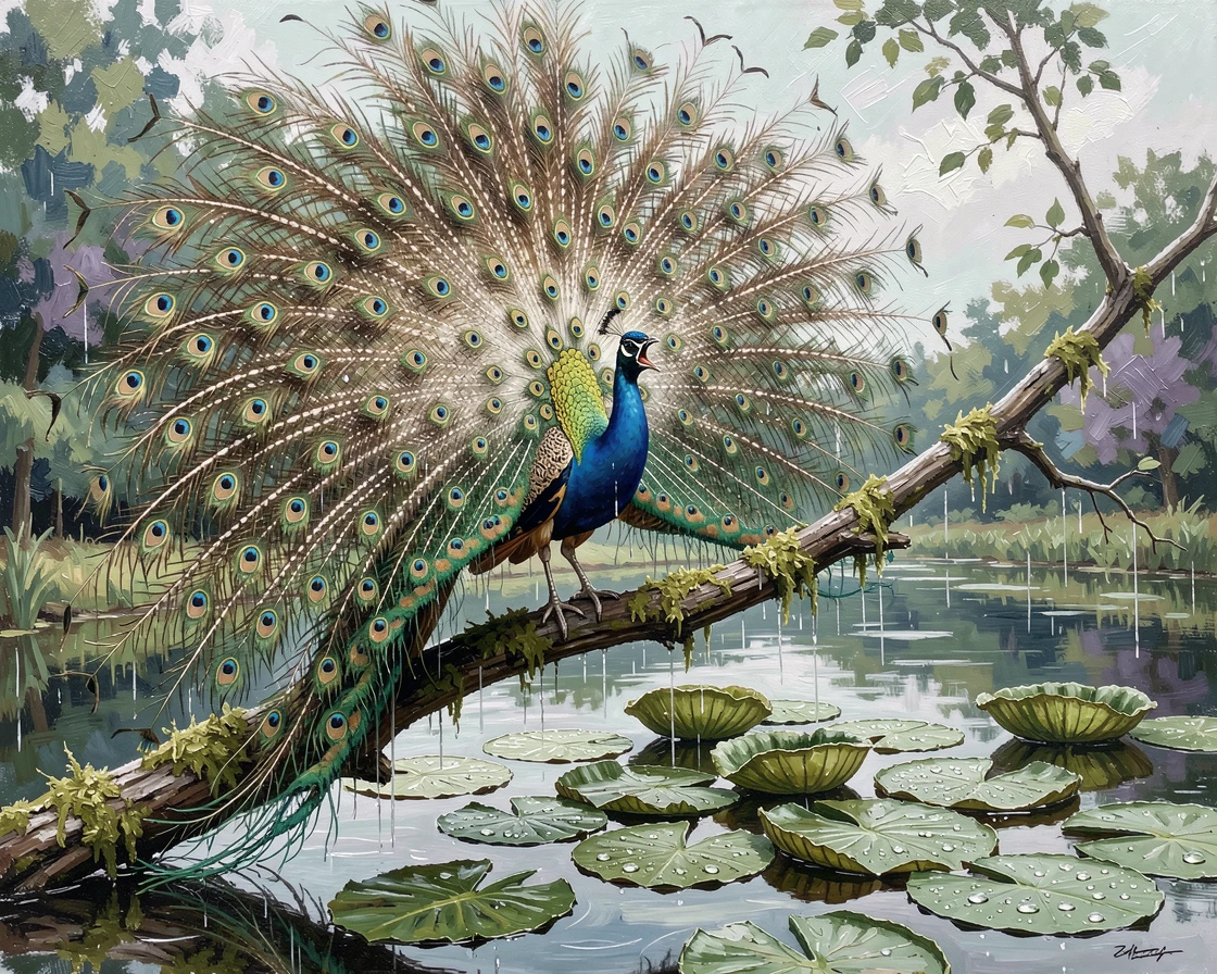 Beside a still pond fringed with lily pads, a peacock displaying its full, iridescent tail, it calling out from its high perch, just after a rain shower, feathers still damp.