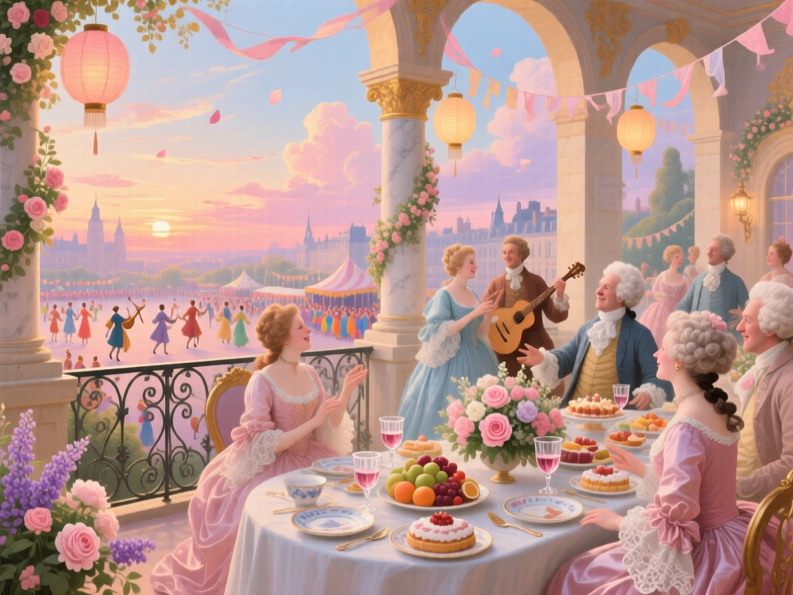 A sunset banquet on a terrace overlooking a city festival  