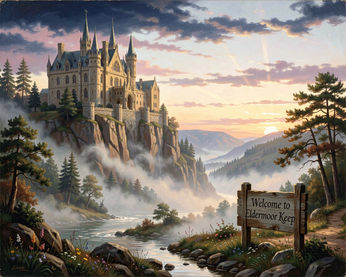 A grand castle rises above a misty valley at dawn.