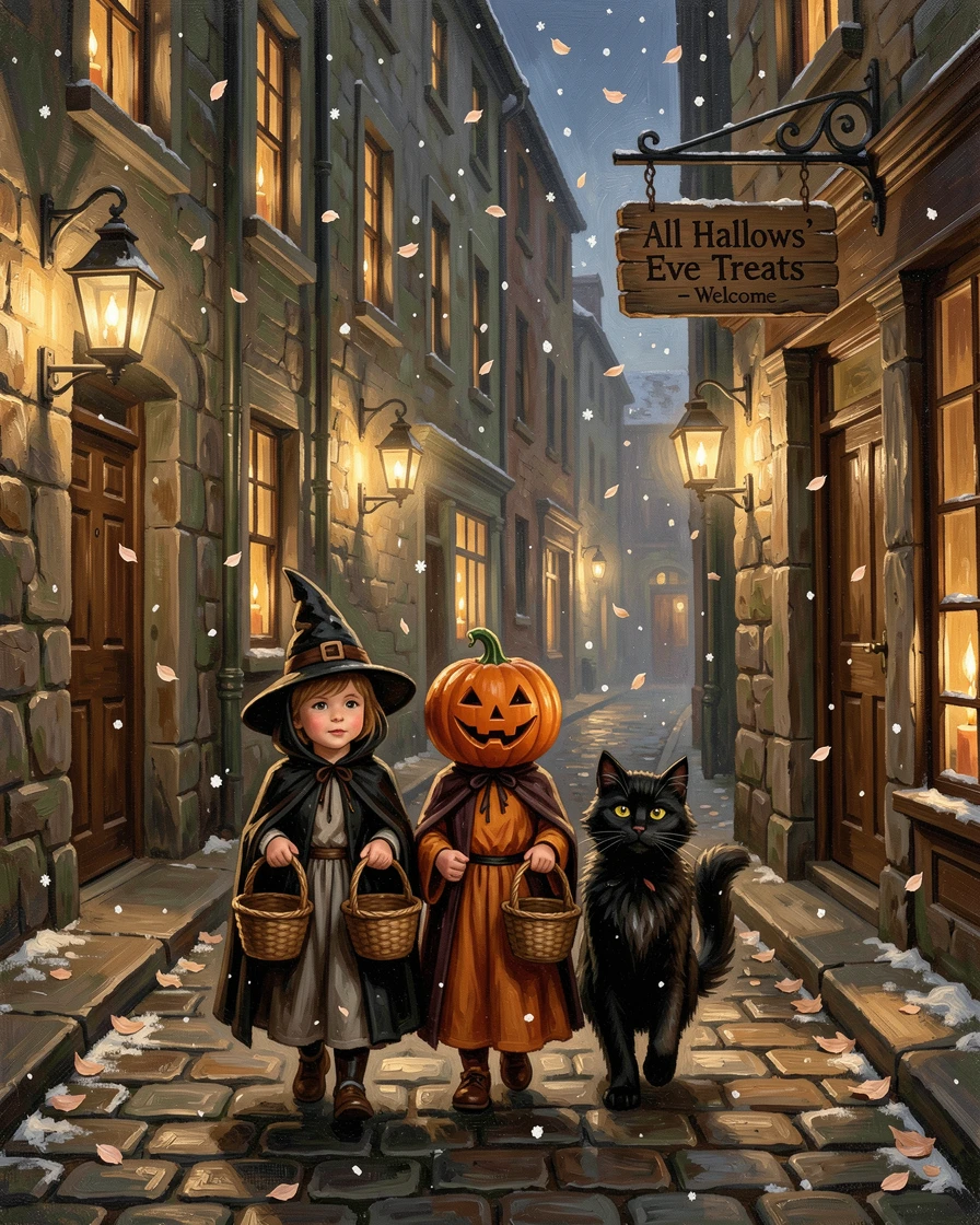 A Halloween trick-or-treat scene with children in costume on a lantern-lit street, as soft snow or flower petals drift gently through the air, capturing the warmth, joy, and magic of the season