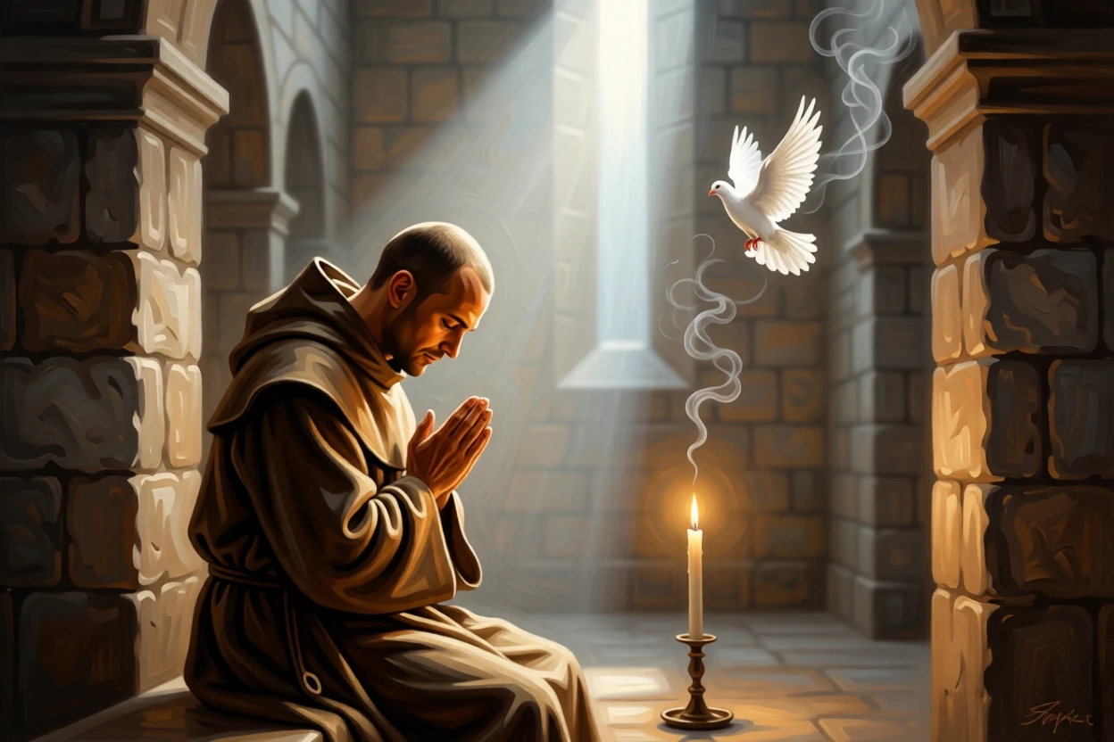 A monk in quiet prayer within a candlelit stone chapel in an instant of grace touching the ordinary world, set within a sunlit chapel filled with drifting incense smoke, with a single dove or beam of light marking the sacred moment; vertical light from above draws the eye toward transcendence, suggesting the enduring comfort of belief and community.