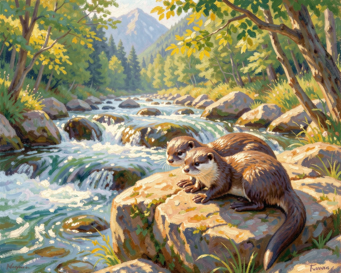 A family of otters resting on a sun-warmed rock beside a rushing mountain stream, capturing a fleeting moment of pure happiness.