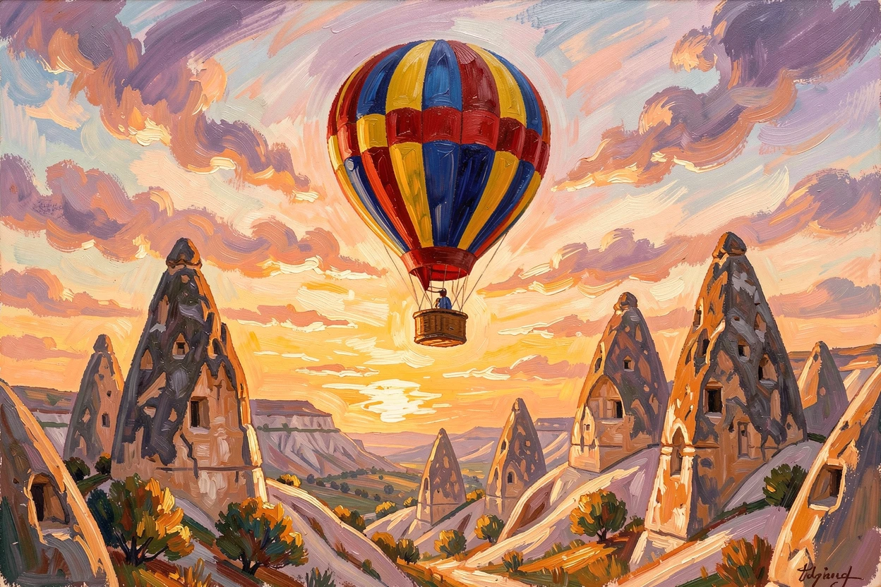 A colorful hot air balloon drifting silently above the fairy chimneys of Cappadocia.