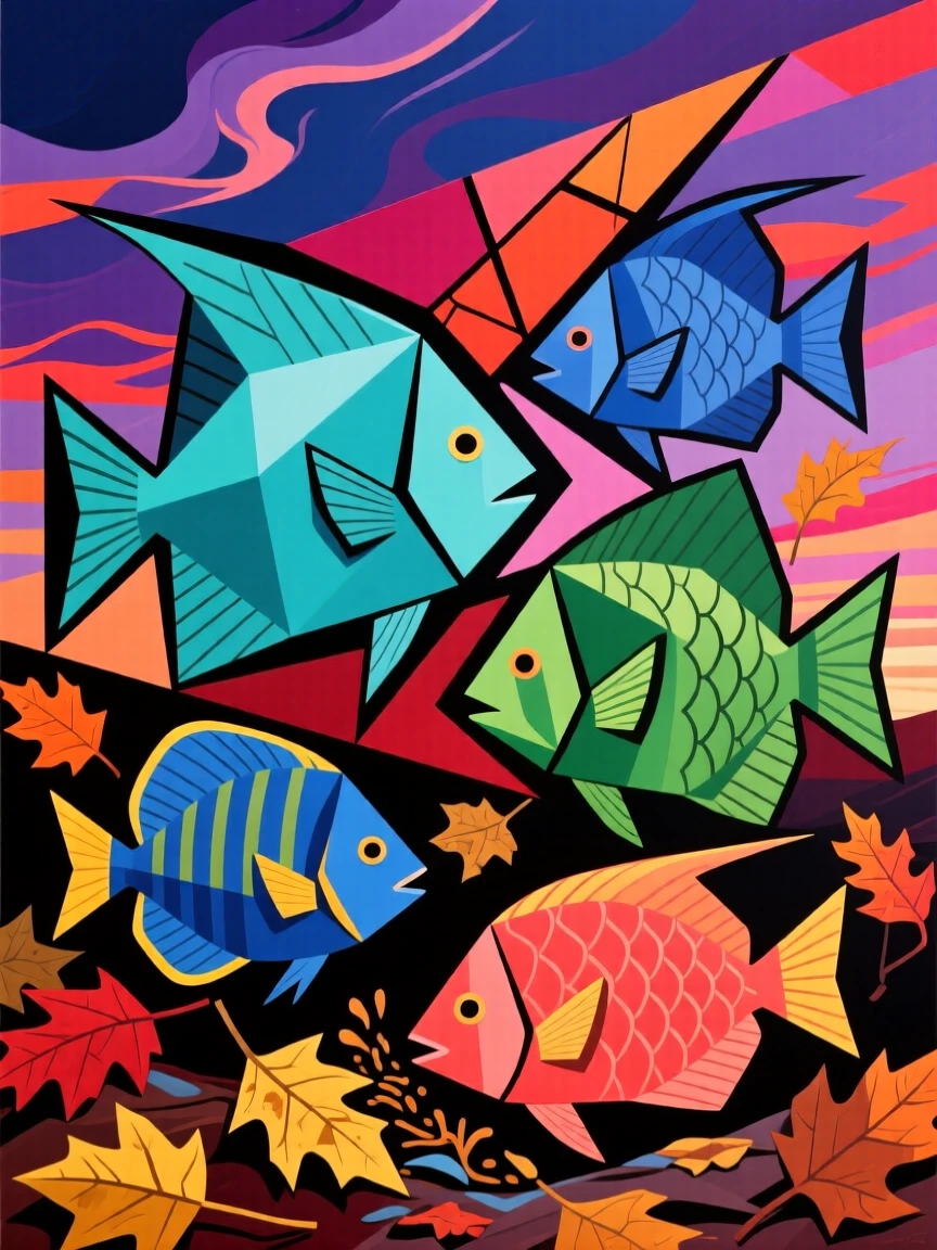 A striking view of a school of tropical fish foraging among fallen autumn leaves beneath a dramatic sky.