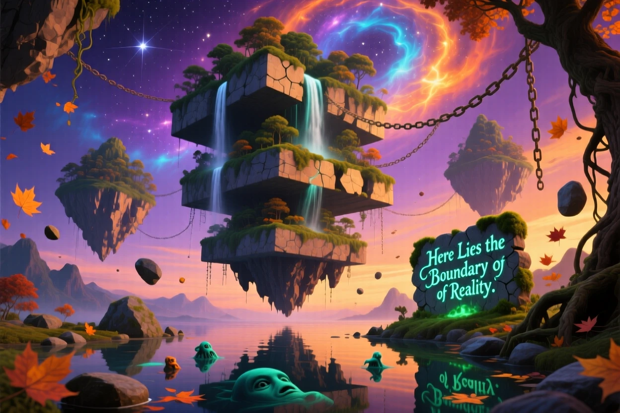 An archipelago of islands stacked one atop another like blocks hangs suspended between two identical skies, as loose stones and leaves hover motionless around it.
