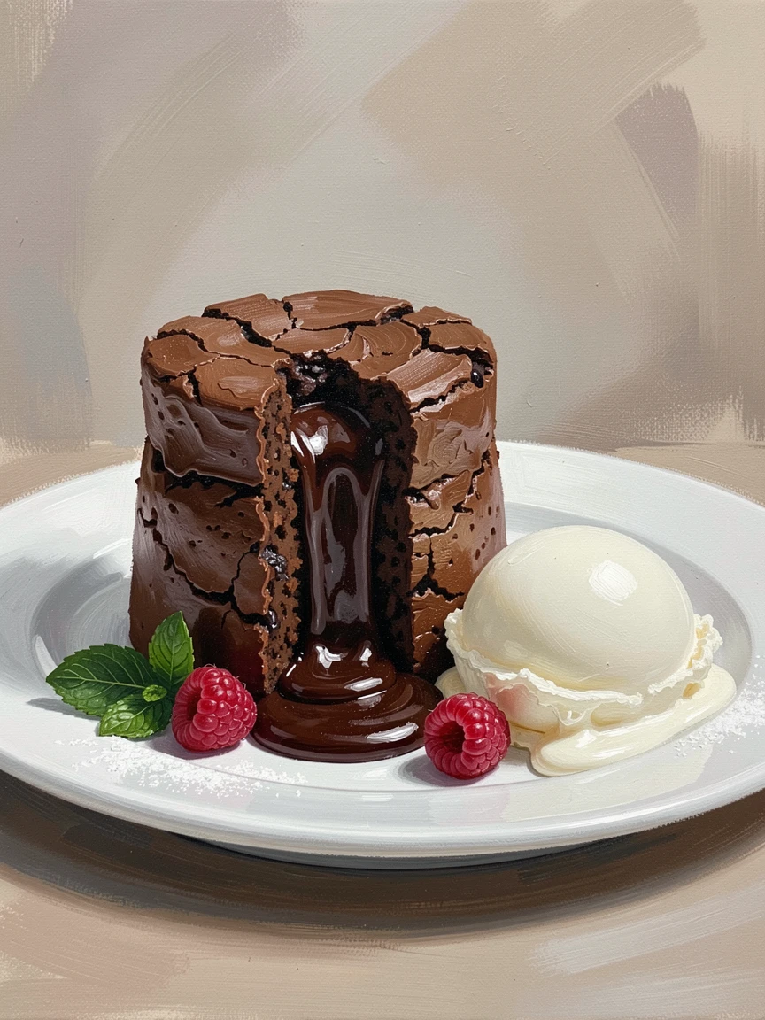 A decadent chocolate lava cake sits on a white plate, rich dark sauce oozing from its center as a scoop of vanilla ice cream melts beside it, small garnishes and finishing touches arranged with quiet, deliberate care.