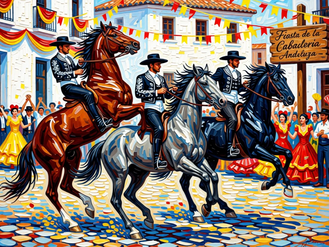 A group of Andalusian horsemen performing intricate maneuvers during a Spanish festival