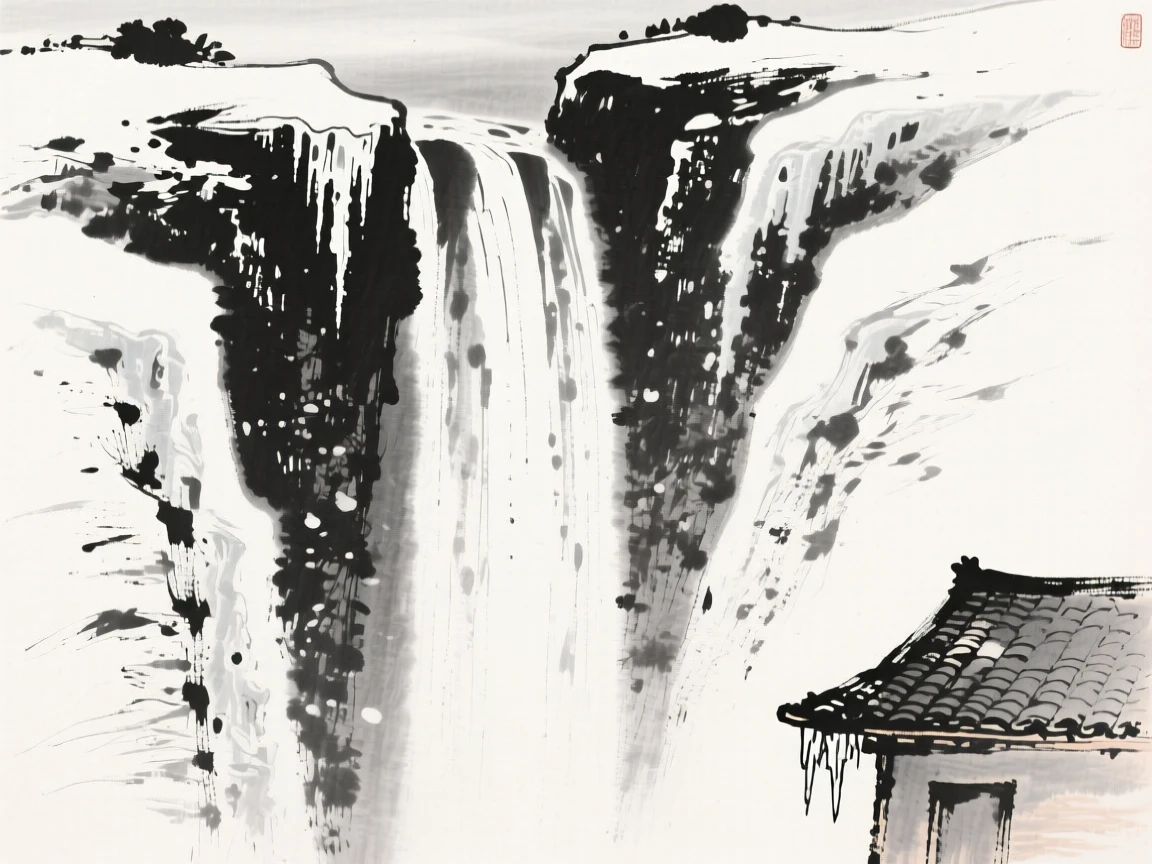 A frozen waterfall hangs suspended between two snow-covered cliffs, with icicles hanging from the eaves of a nearby roof.