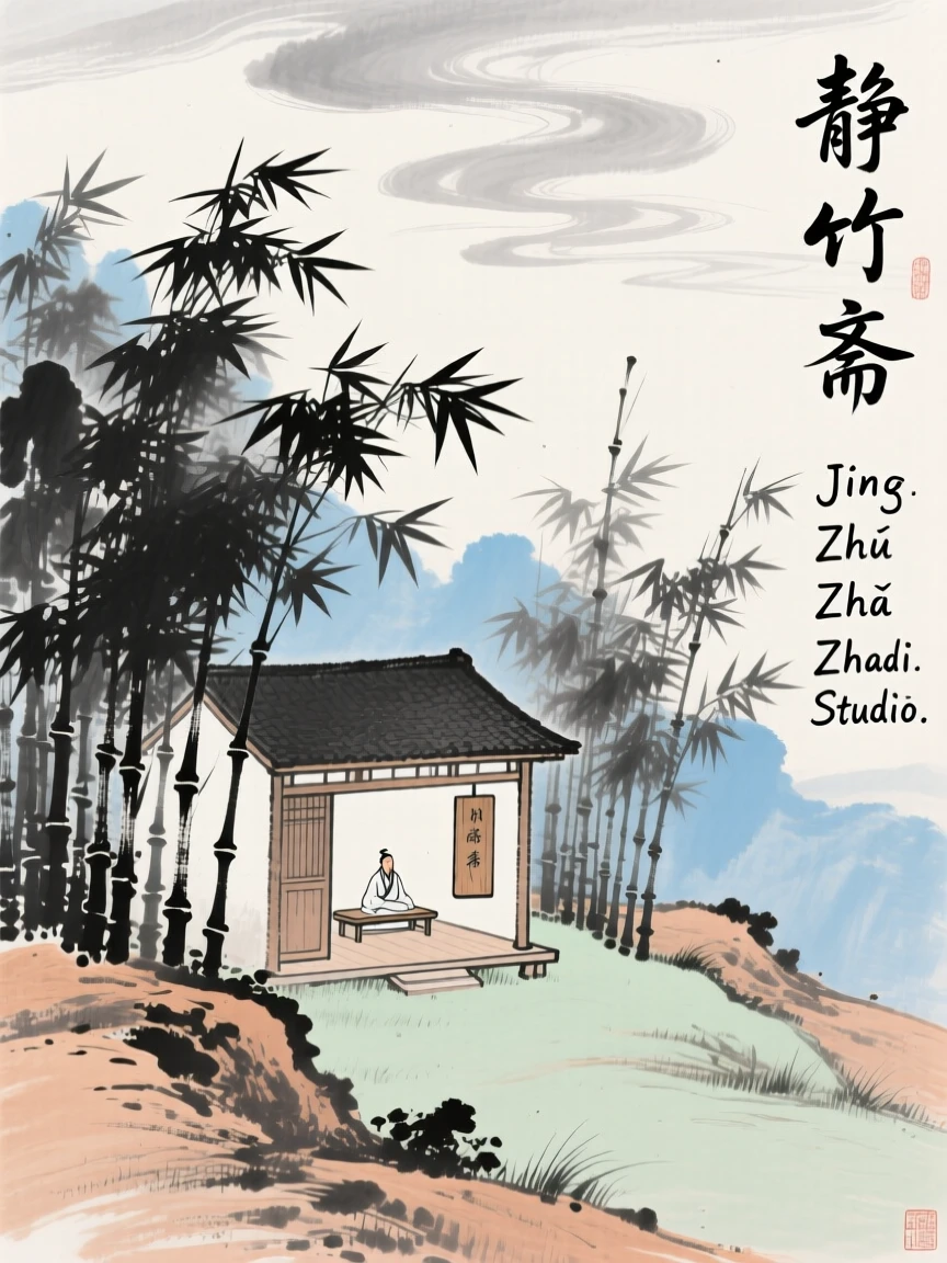 A scholar's studio nestled among bamboo on a quiet hillside, under a sky streaked with clouds.