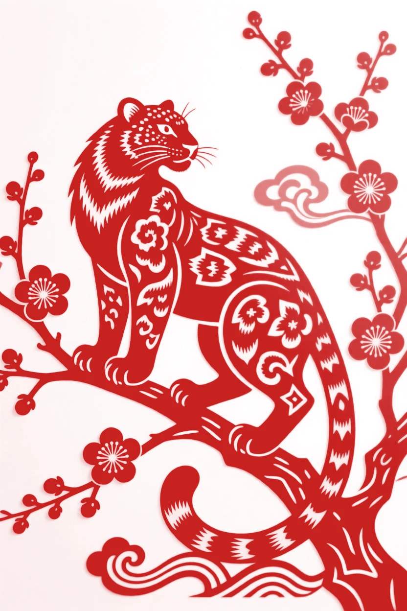 A snow leopard, perched on a blossoming branch at first light, surrounded by scattered plum blossoms.