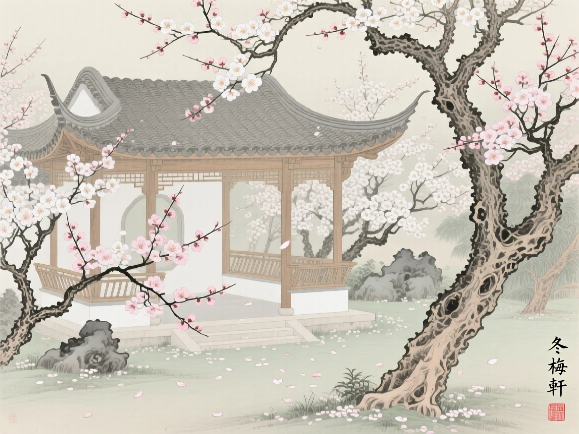A garden pavilion surrounded by blooming plum blossoms in late winter, as a gentle breeze scatters petals across the ground