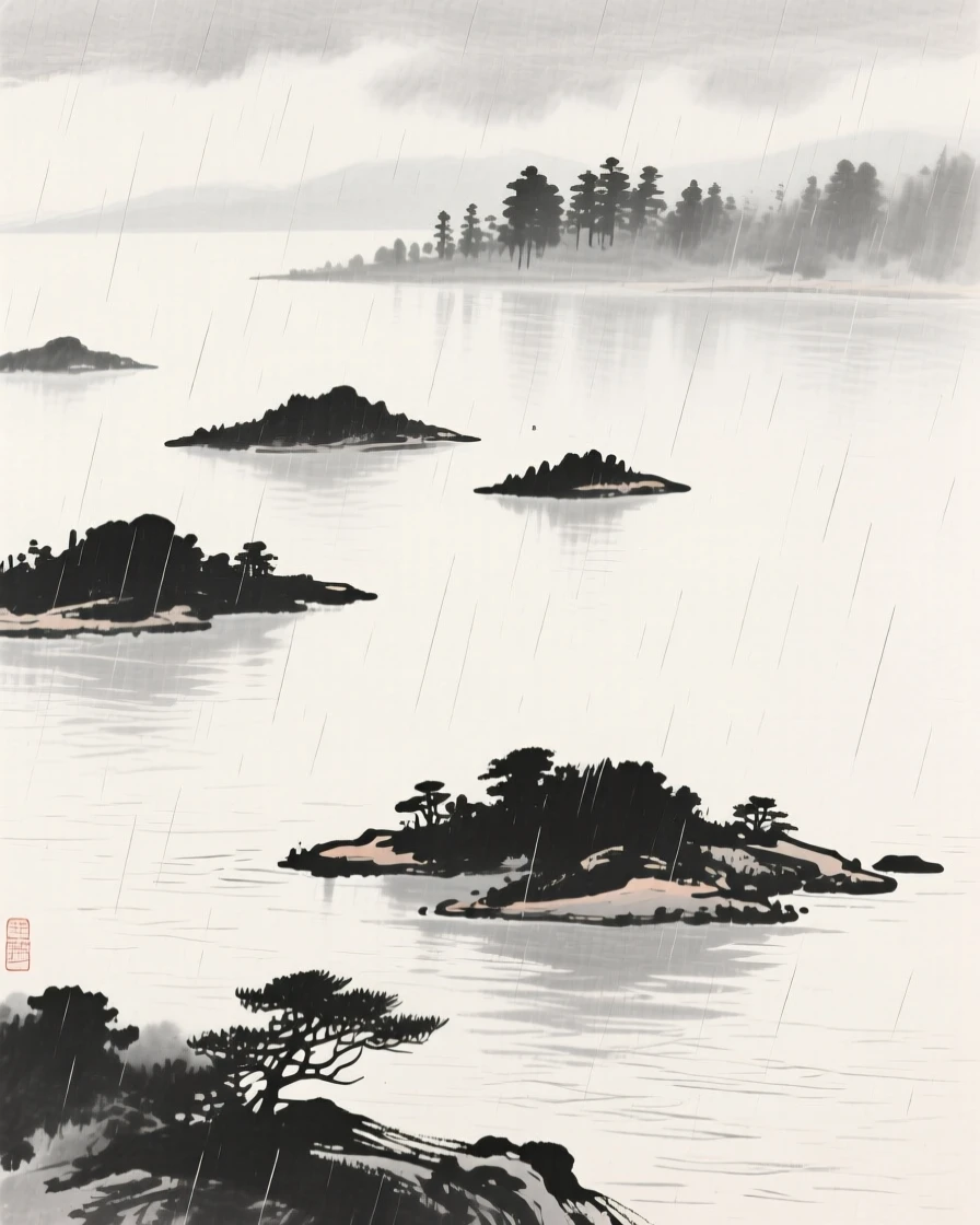 A cluster of small islands scattered across a calm bay while a light rain blurs the distant tree line, viewed from a high vantage point looking down across the whole scene, conveying calm reflection and gentle isolation.