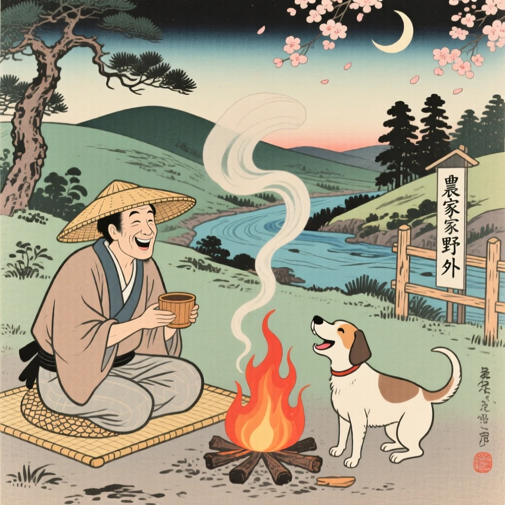 A farmer and his dog laughing together around a warm campfire.