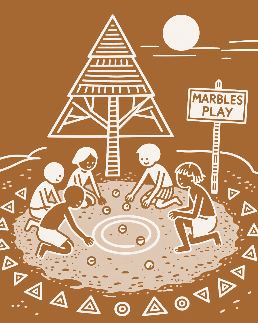 A group of children playing marbles in the dust.