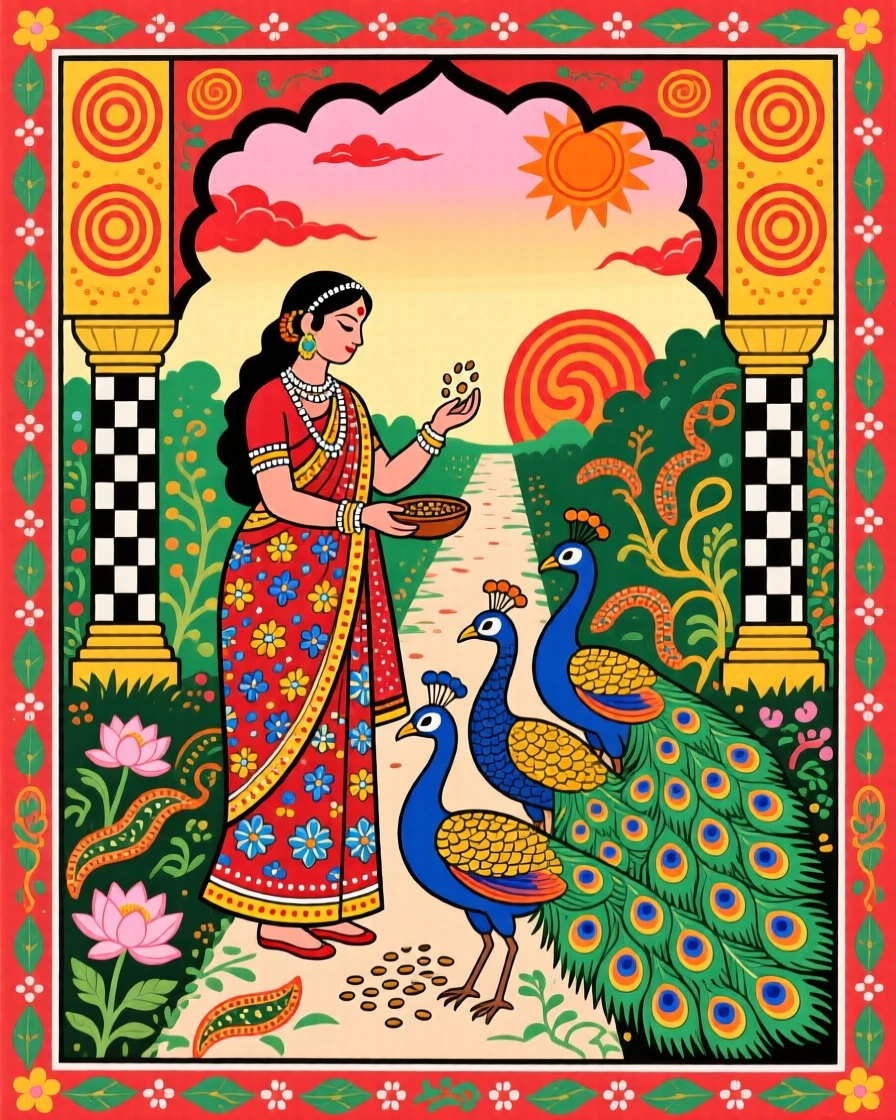 A queen feeding peacocks in the gardens of her palace at dawn.