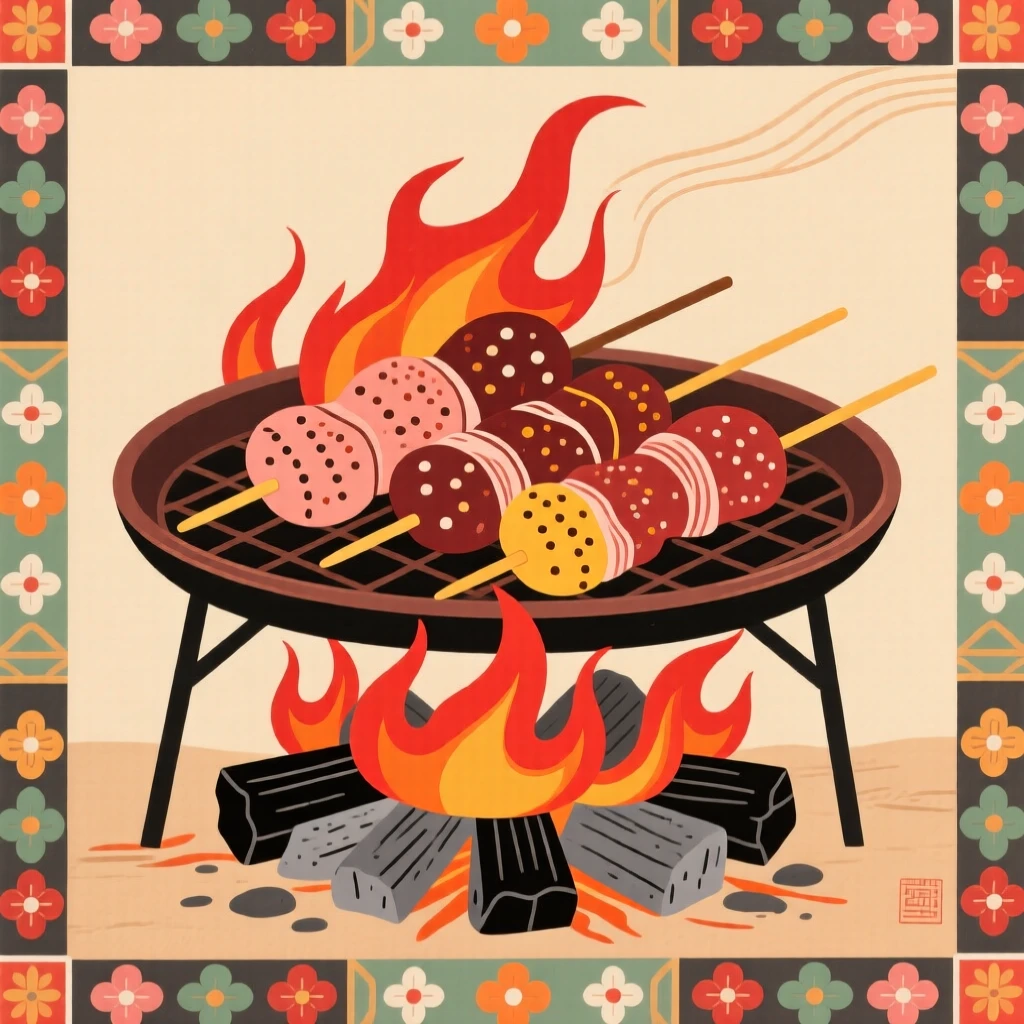 A tray of skewered meat grilling over an open charcoal fire.