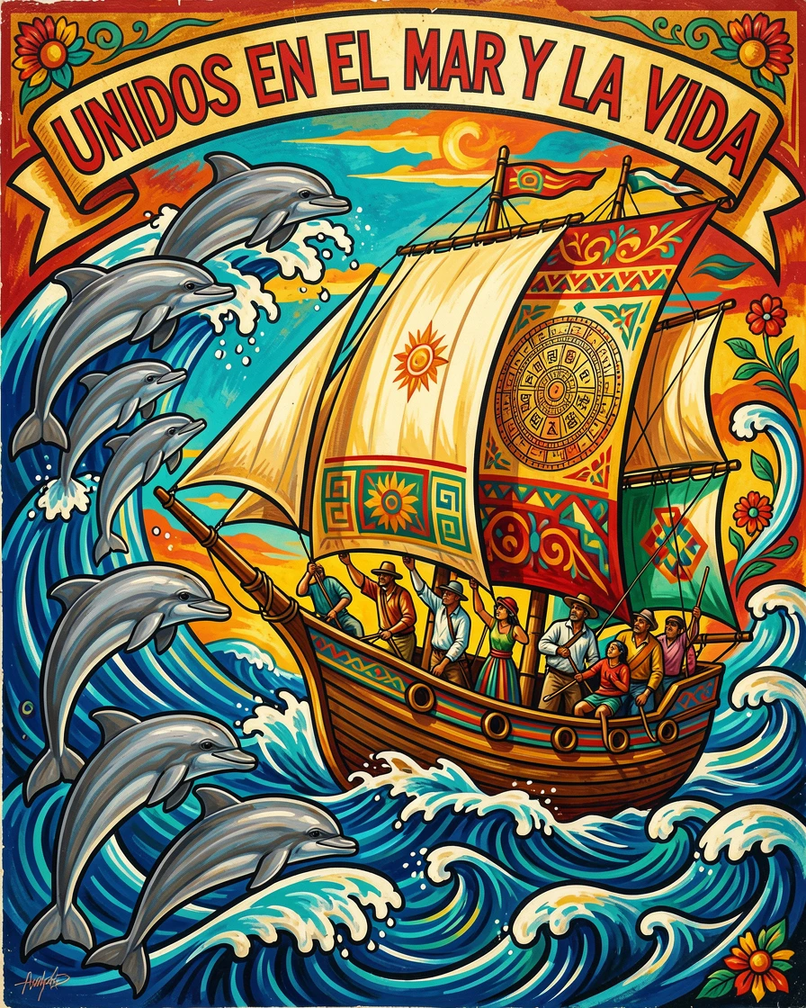A pod of dolphins swimming alongside a sailing ship