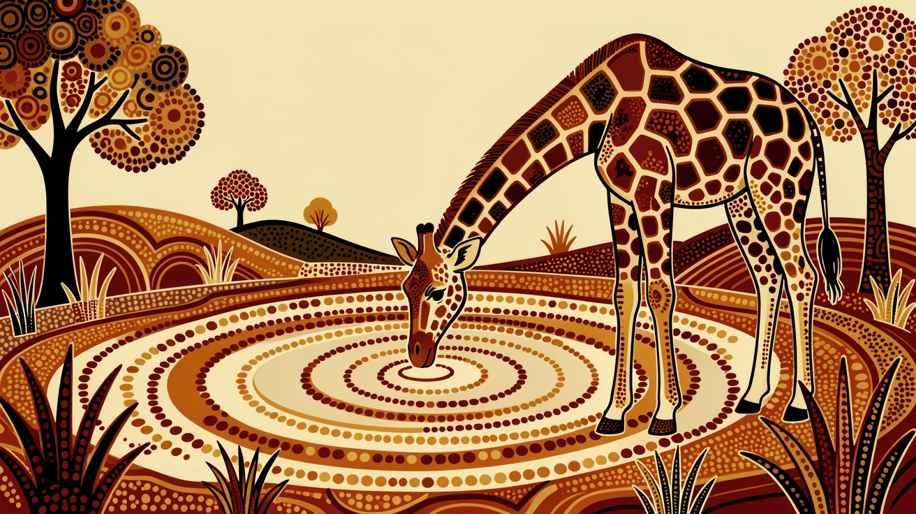 A giraffe drinking from a quiet watering hole