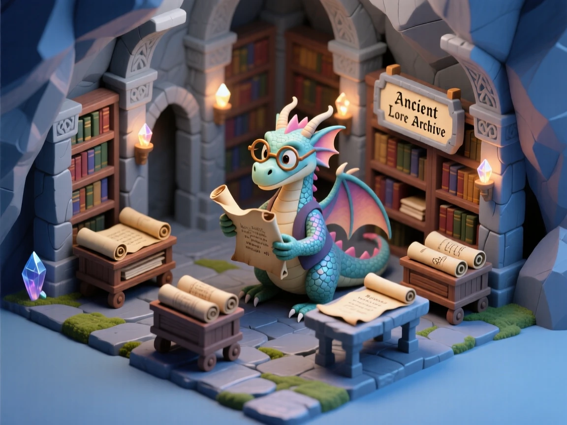 A wise dragon librarian organizing scrolls in a cave lined with towering bookshelves carved from stone.